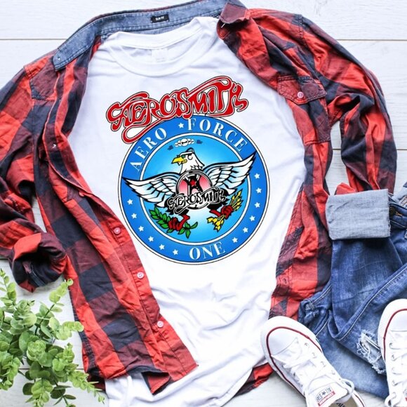 Vintage Aerosmith T-Shirt, 90s Aero Force One Rock Band Tee - Picture 1 of 2